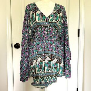 Women’s Whimsygoth Bohemian Hippie Flowy Top Blouse Size Large Green Purple